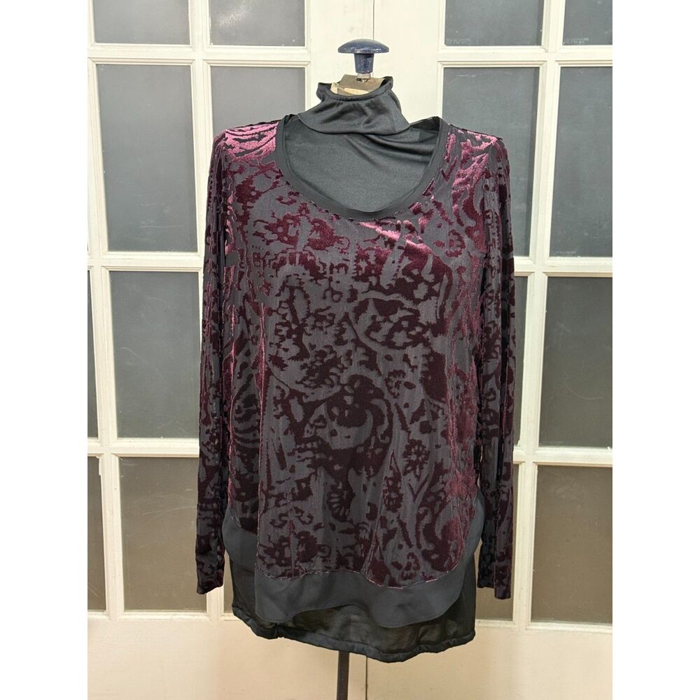 Simply Vera Vera Wang Women's M Velvet Burnout Top Burgundy Black Sheer Hem
